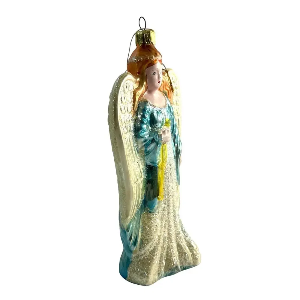 Vintage Hand Blown Glass Angel Christmas Ornament Blue Gown Glitter 6.5”